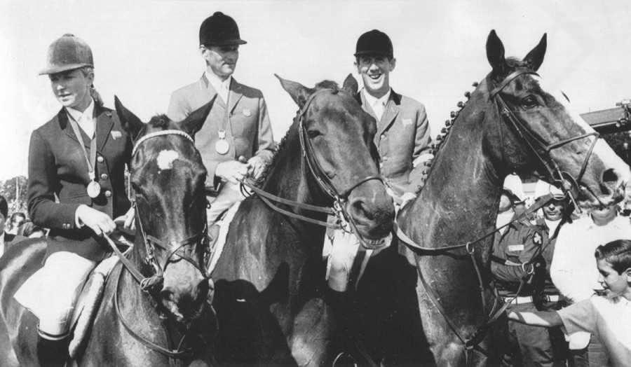 Marion Coakes, Bill Steinkraus, and David Broome at the 1968 Olympics medal ceremony